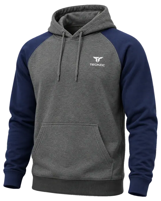 TECHZIC Two-Tone Raglan Hoodie in Heather Charcoal / Navy