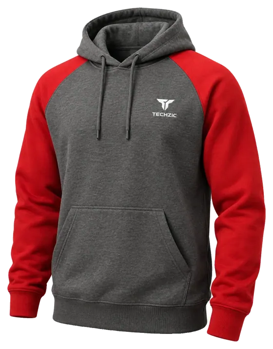 TECHZIC Two-Tone Raglan Hoodie in Heather Charcoal / Red