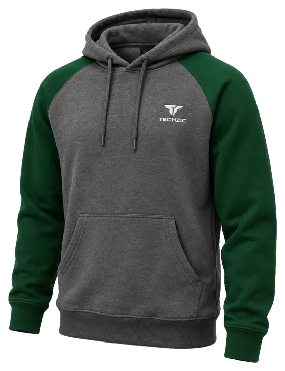 TECHZIC Two-Tone Raglan Hoodie in Heather Charcoal / Dark Green