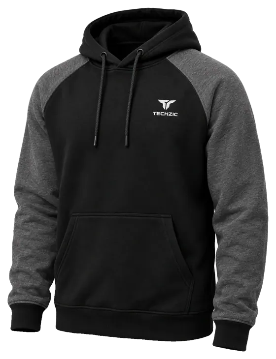 TECHZIC Two-Tone Raglan Hoodie in Black / Heather Charcoal