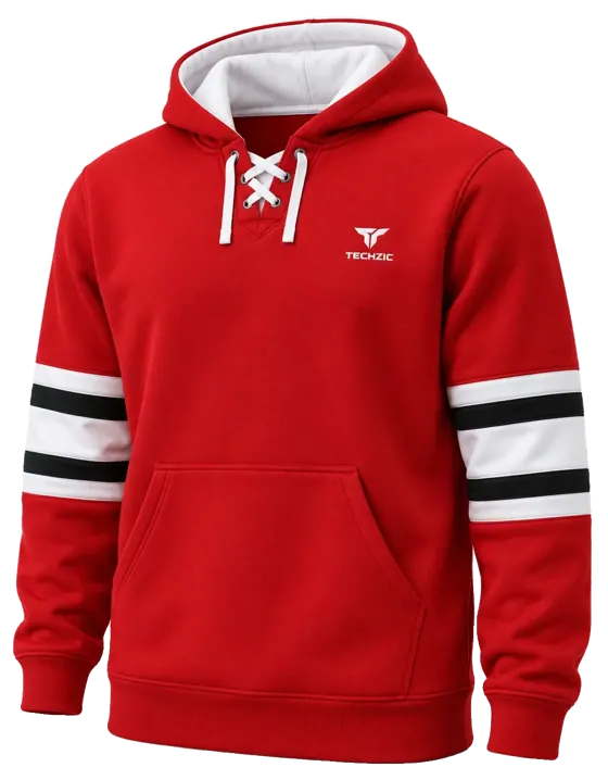 TECHZIC Hockey Stripe Lace Hoodie in Red / Black / White