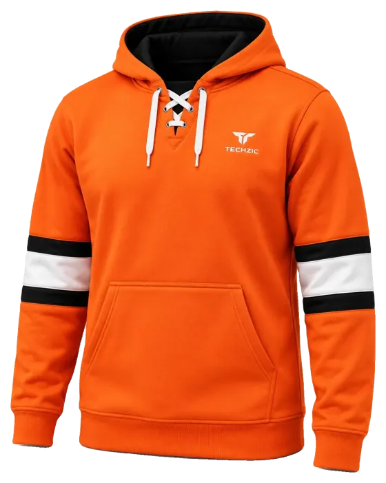 TECHZIC Hockey Stripe Lace Hoodie in Orange / Black / White