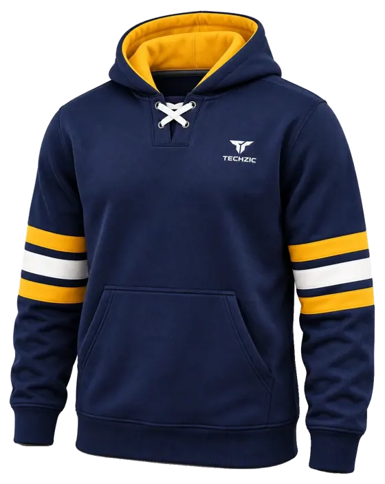 TECHZIC Hockey Stripe Lace Hoodie in Navy / Gold / White