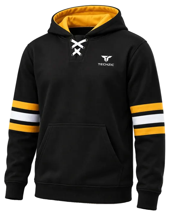 TECHZIC Hockey Stripe Lace Hoodie in Black / Gold / White