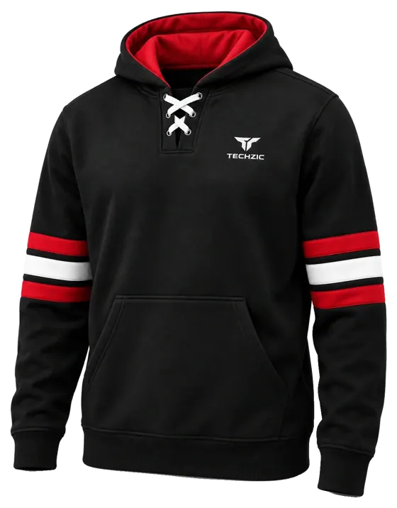 TECHZIC Hockey Stripe Lace Hoodie in Black / Red / White