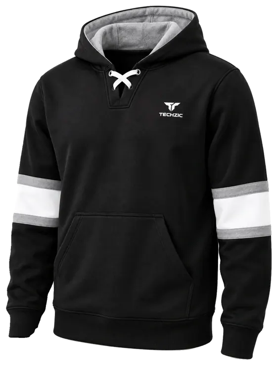 TECHZIC Hockey Stripe Lace Hoodie in Black / Grey / White