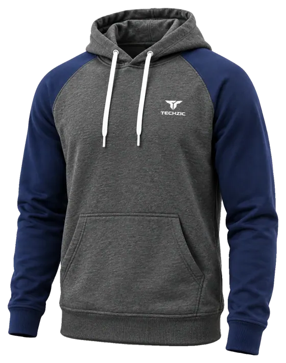 TECHZIC Two-Tone Performance Fleece Hoodie in Heather Charcoal / Navy