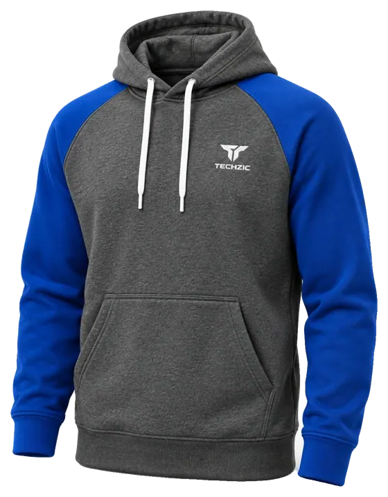 TECHZIC Two-Tone Performance Fleece Hoodie in Heather Charcoal / Royal