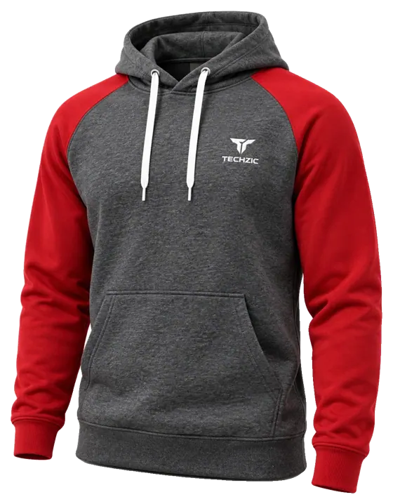 TECHZIC Two-Tone Performance Fleece Hoodie in Heather Charcoal / Red