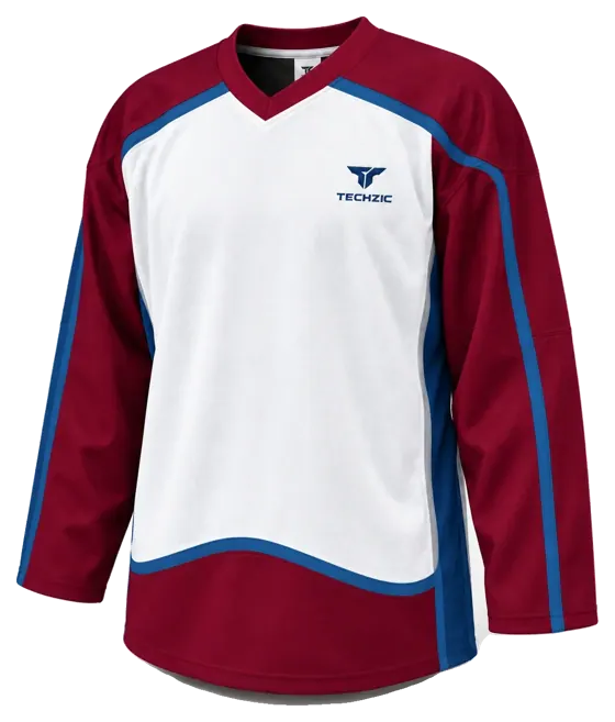 TECHZIC Pro Cut-and-Sew Hockey Jersey - Black / Red / White in White / Burgundy / Steel Blue