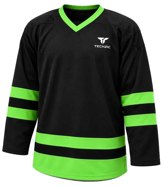 TECHZIC Pro Cut-and-Sew Hockey Jersey - Black / Red / White in Black / Lime Green