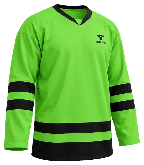 TECHZIC Pro Cut-and-Sew Hockey Jersey - Black / Red / White in Lime Green / Black