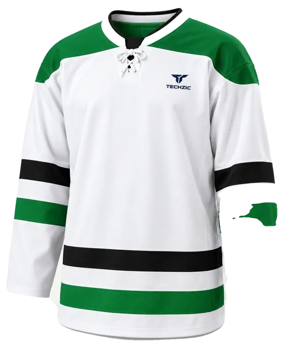 TECHZIC Pro Cut-and-Sew Hockey Jersey - Black / Red / White in White / Kelly Green / Black