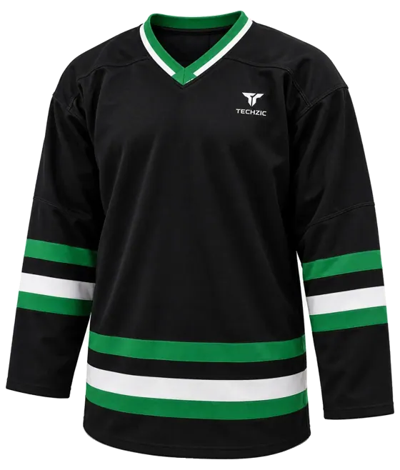 TECHZIC Pro Cut-and-Sew Hockey Jersey - Black / Red / White in Black / Kelly Green / White