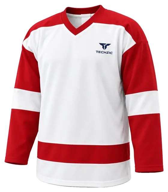 TECHZIC Pro Cut-and-Sew Hockey Jersey - Black / Red / White in White / Red