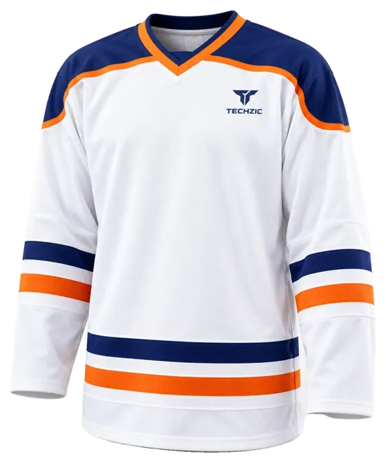 TECHZIC Pro Cut-and-Sew Hockey Jersey - Black / Red / White in White / Navy / Orange