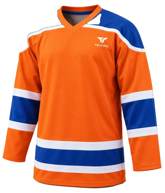 TECHZIC Pro Cut-and-Sew Hockey Jersey - Black / Red / White in Orange / Royal / White