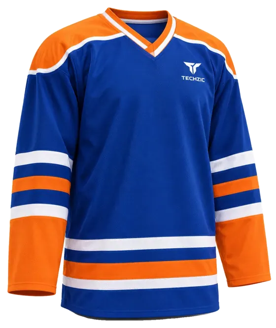 TECHZIC Pro Cut-and-Sew Hockey Jersey - Black / Red / White in Royal / Orange / White · Design 1