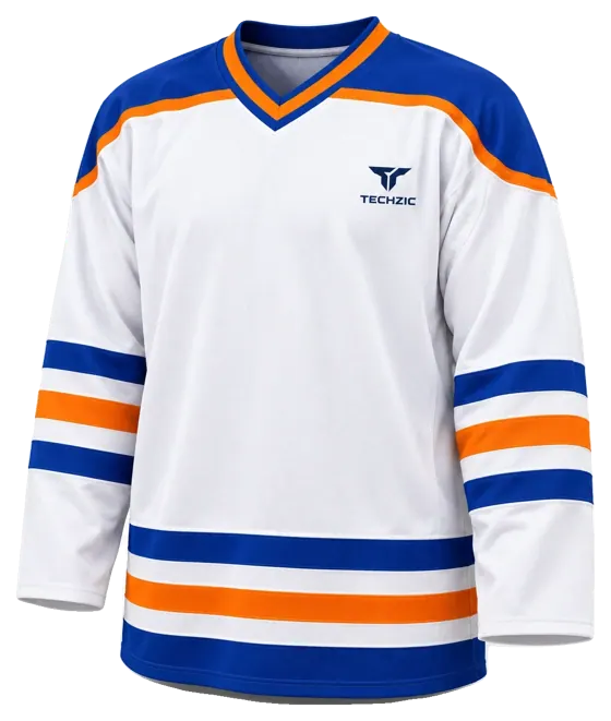 TECHZIC Pro Cut-and-Sew Hockey Jersey - Black / Red / White in White / Royal / Orange · Design 1