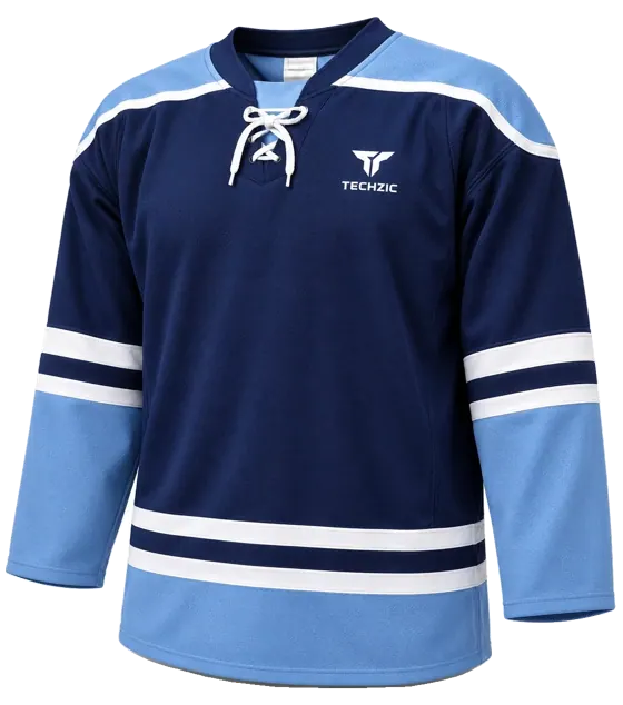 TECHZIC Pro Cut-and-Sew Hockey Jersey - Black / Red / White in Navy / Ice Blue / White · Design 1