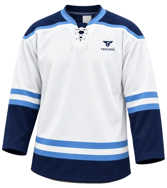TECHZIC Pro Cut-and-Sew Hockey Jersey - Black / Red / White in White / Navy / Ice Blue · Design 1