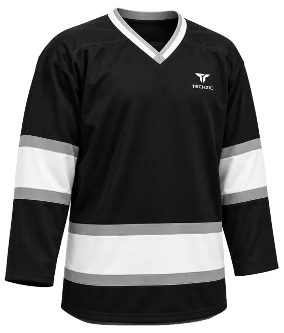 TECHZIC Pro Cut-and-Sew Hockey Jersey - Black / Red / White in Black / White / Grey