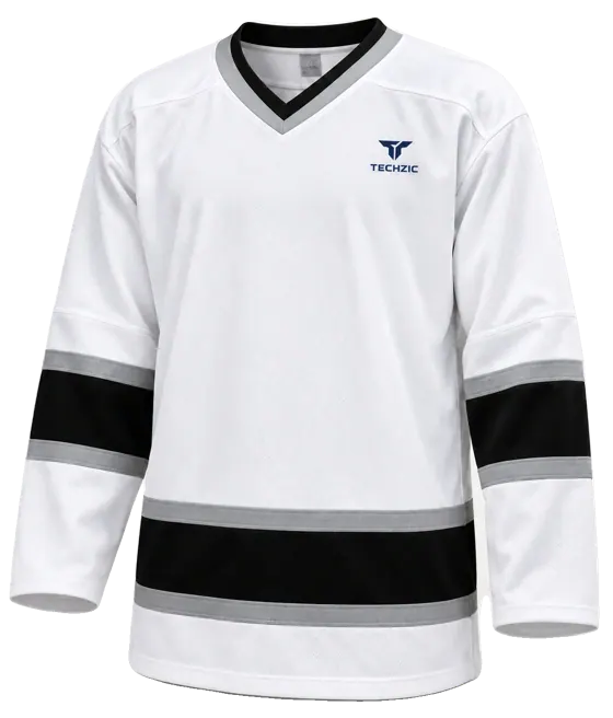 TECHZIC Pro Cut-and-Sew Hockey Jersey - Black / Red / White in White / Black / Grey · Design 2