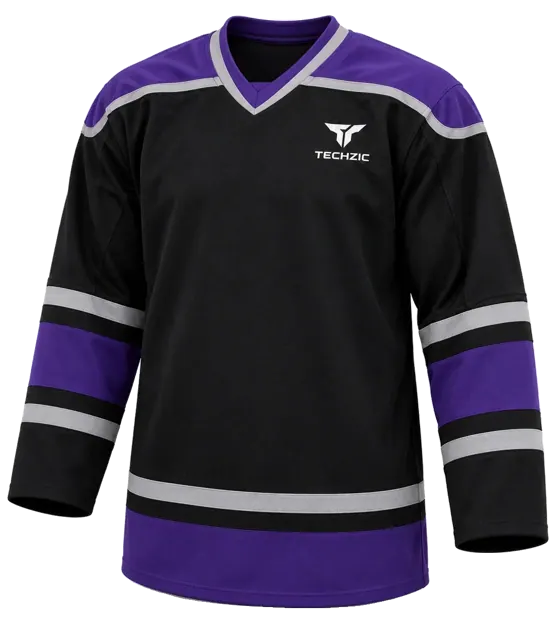 TECHZIC Pro Cut-and-Sew Hockey Jersey - Black / Red / White in Black / Purple / Grey