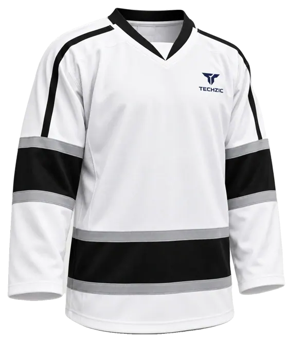 TECHZIC Pro Cut-and-Sew Hockey Jersey - Black / Red / White in White / Black / Grey · Design 1