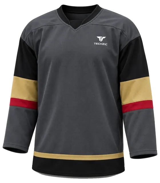 TECHZIC Pro Cut-and-Sew Hockey Jersey - Black / Red / White in Charcoal / Gold / Red / Black