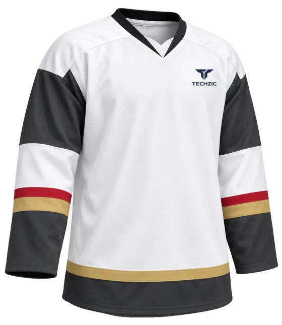 TECHZIC Pro Cut-and-Sew Hockey Jersey - Black / Red / White in White / Charcoal / Gold / Red