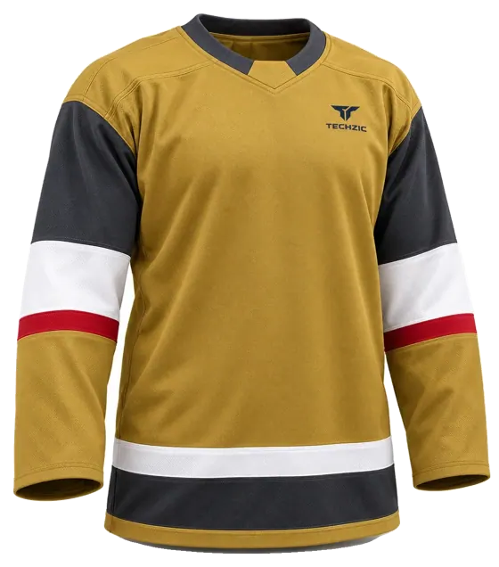 TECHZIC Pro Cut-and-Sew Hockey Jersey - Black / Red / White in Antique Gold / Charcoal / White / Red
