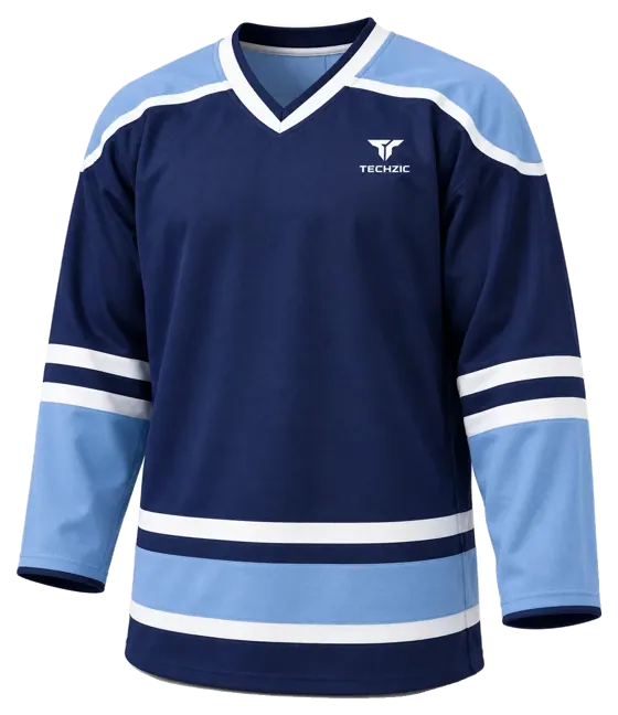 TECHZIC Pro Cut-and-Sew Hockey Jersey - Black / Red / White in Navy / Ice Blue / White · Design 2