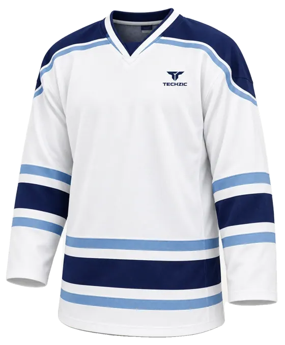 TECHZIC Pro Cut-and-Sew Hockey Jersey - Black / Red / White in White / Navy / Ice Blue · Design 2