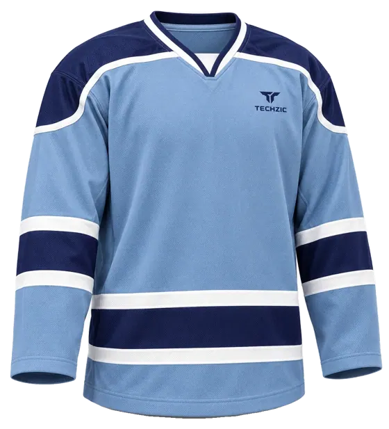 TECHZIC Pro Cut-and-Sew Hockey Jersey - Black / Red / White in Ice Blue / Navy / White · Design 1