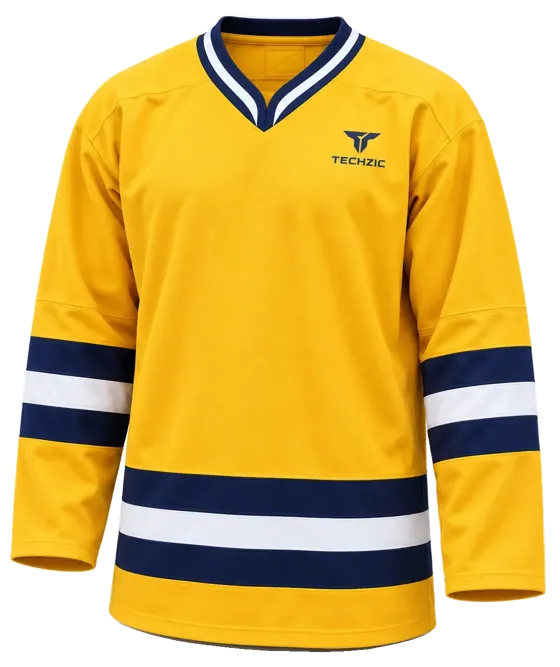 TECHZIC Pro Cut-and-Sew Hockey Jersey - Black / Red / White in Gold / Navy / White · Design 1