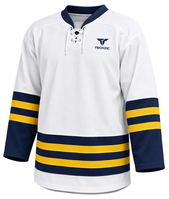 TECHZIC Pro Cut-and-Sew Hockey Jersey - Black / Red / White in White / Navy / Gold · Design 1