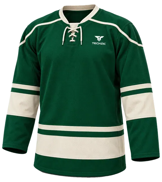 TECHZIC Pro Cut-and-Sew Hockey Jersey - Black / Red / White in Forest Green / Cream