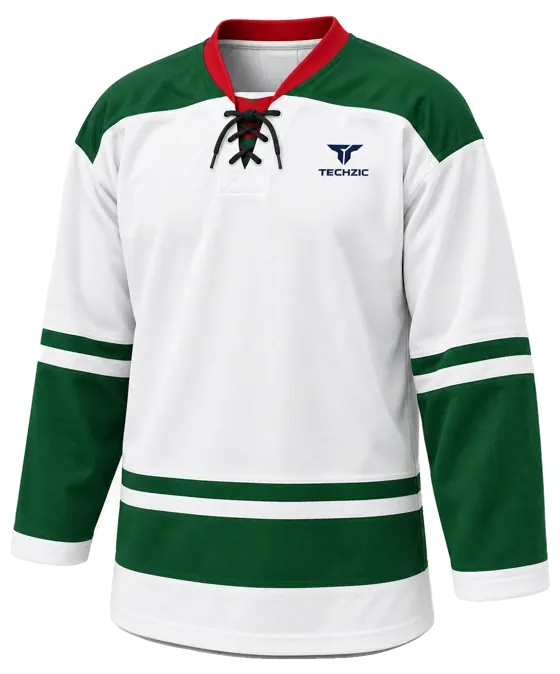 TECHZIC Pro Cut-and-Sew Hockey Jersey - Black / Red / White in White / Forest Green / Red