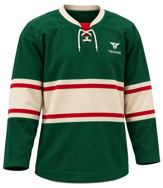 TECHZIC Pro Cut-and-Sew Hockey Jersey - Black / Red / White in Forest Green / Cream / Red