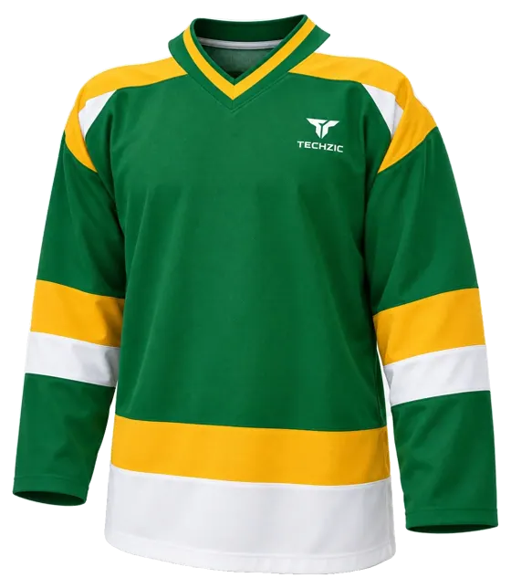 TECHZIC Pro Cut-and-Sew Hockey Jersey - Black / Red / White in Kelly Green / Gold / White