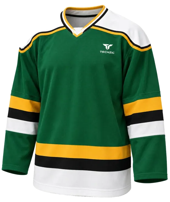 TECHZIC Pro Cut-and-Sew Hockey Jersey - Black / Red / White in Green / Gold / Black / White