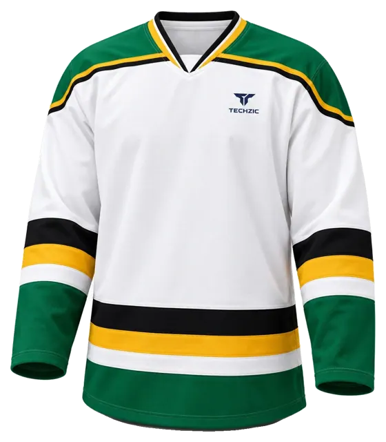 TECHZIC Pro Cut-and-Sew Hockey Jersey - Black / Red / White in White / Green / Gold / Black