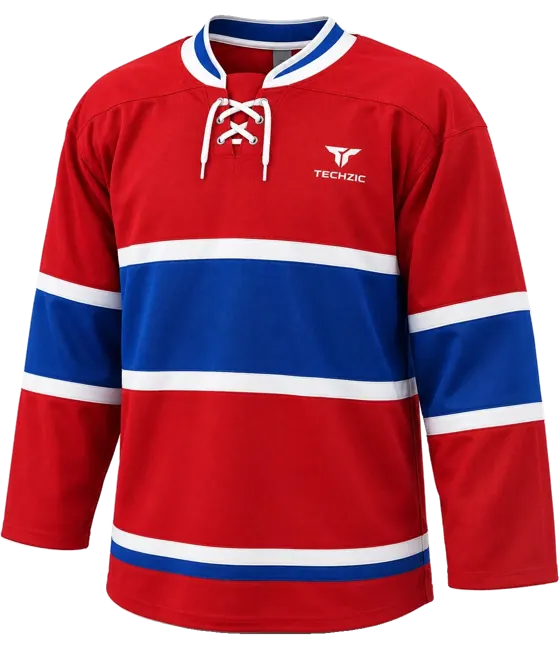 TECHZIC Pro Cut-and-Sew Hockey Jersey - Black / Red / White in Red / Royal / White