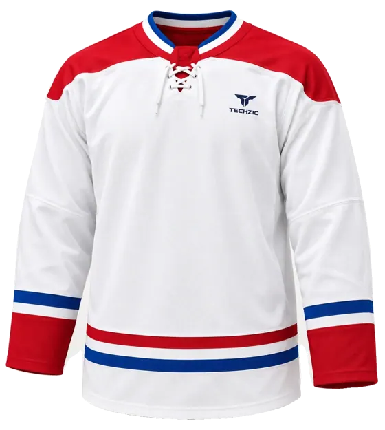 TECHZIC Pro Cut-and-Sew Hockey Jersey - Black / Red / White in White / Red / Royal