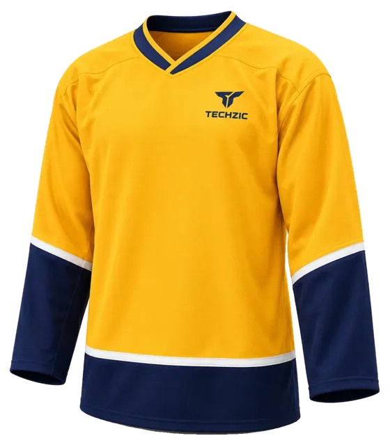 TECHZIC Pro Cut-and-Sew Hockey Jersey - Black / Red / White in Gold / Navy / White · Design 2