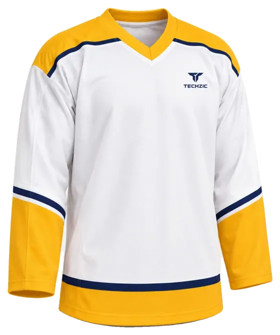 TECHZIC Pro Cut-and-Sew Hockey Jersey - Black / Red / White in White / Gold / Navy · Design 1