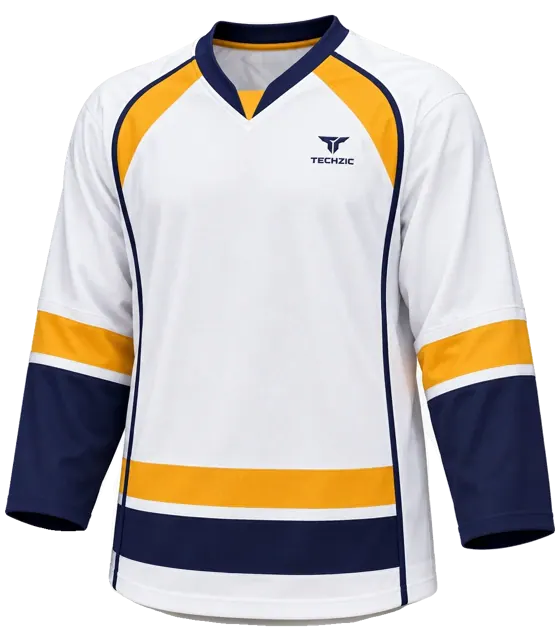 TECHZIC Pro Cut-and-Sew Hockey Jersey - Black / Red / White in White / Gold / Navy · Design 2