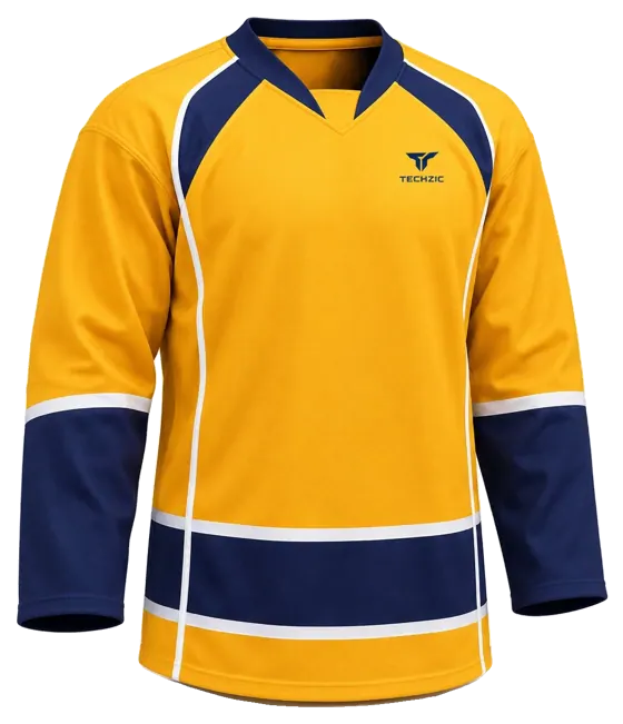 TECHZIC Pro Cut-and-Sew Hockey Jersey - Black / Red / White in Gold / Navy / White · Design 3