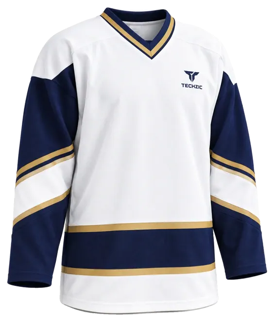 TECHZIC Pro Cut-and-Sew Hockey Jersey - Black / Red / White in White / Navy / Gold · Design 2